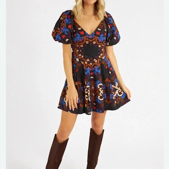 Cleobella Black and Blue Puff Sleeve Mini Dress - Picture 1 of 4